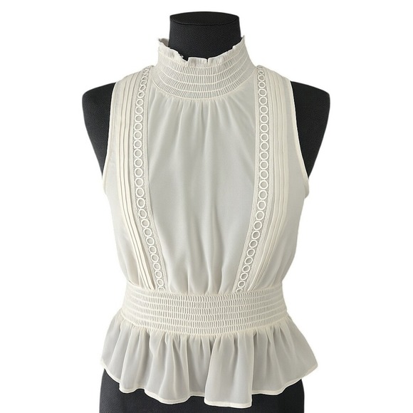 Japna Tops - Japna Womens S Lace Peplum Blouse Ivory Sleeveless Smocked Ruffle Feminine Chic